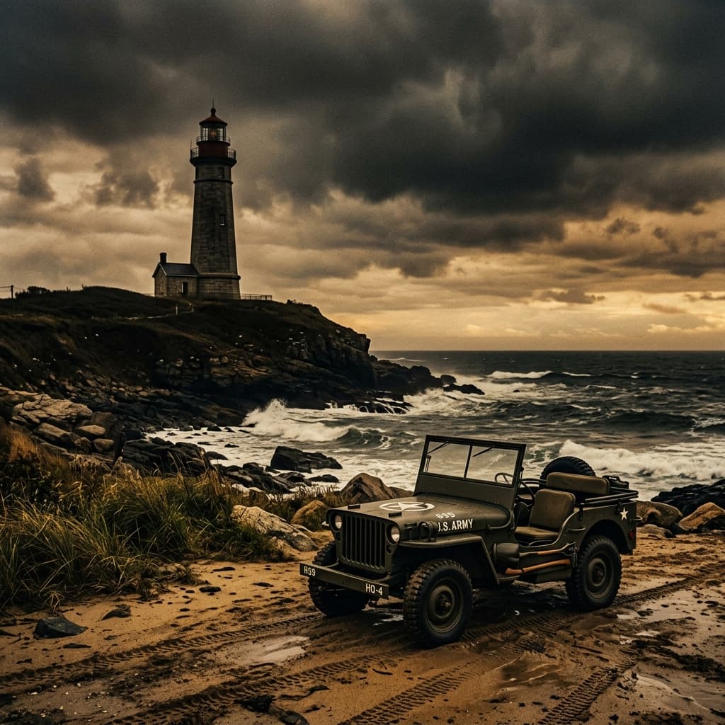 War and Order Coastal Lighthouse and Vintage Jeep